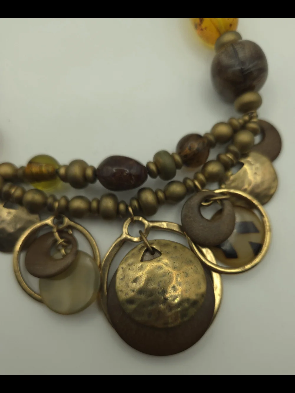 Chico's Multi-Media Bead Amber Brass Disc Brown Layered Necklace Rustic Boho Art